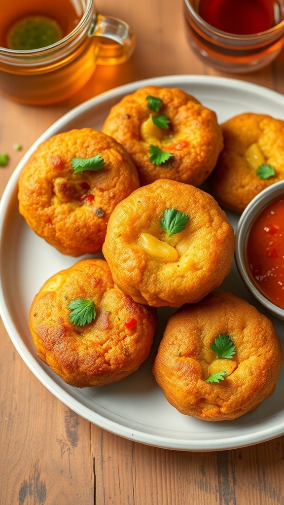 Crispy bread vadas served with green chutney and red sauce on a rustic table.